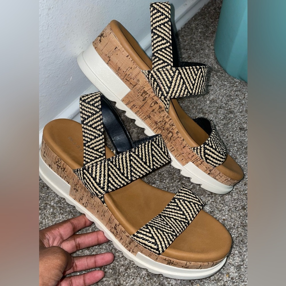 Madden Girl Black & Cream Woven Cork Platform Wedge Sandals